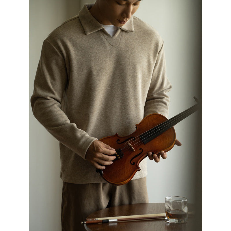 Wollpullover im Stil des alten Geldes mit Schulterärmeln und kleinem V-Ausschnitt Poloshirt🌟