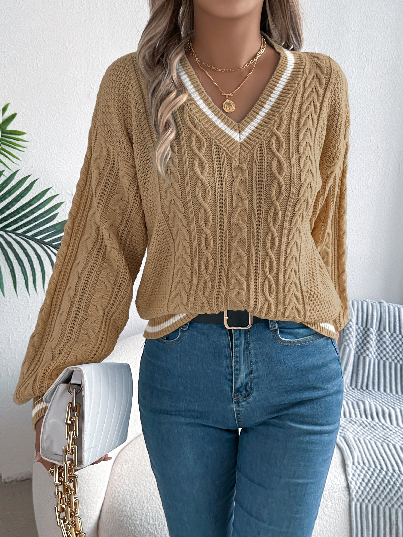 Color Block V-Neck Cable Knit Lantern Sleeve Sweater
