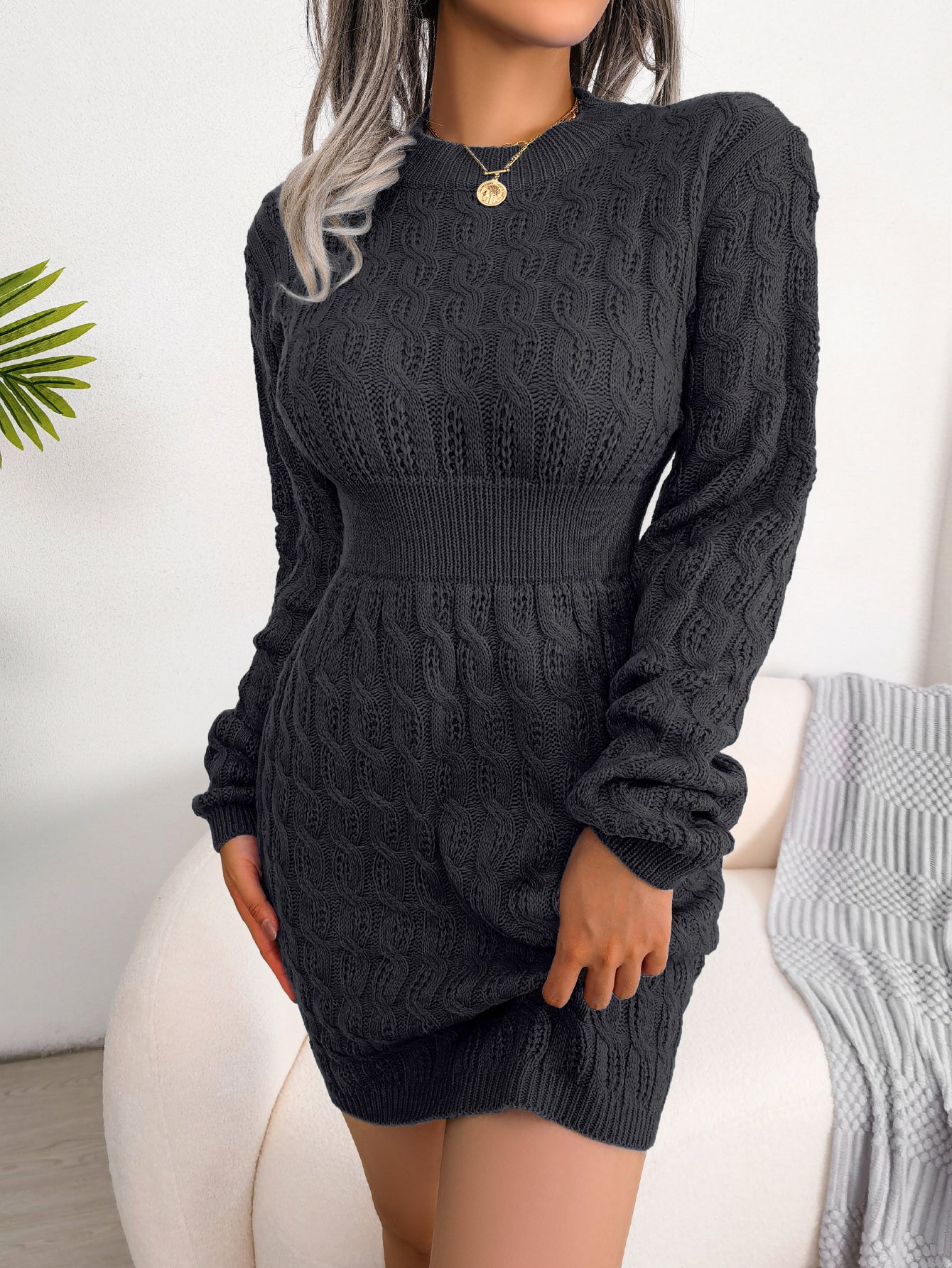 Casual Cable Knit Waist Cinched Bodycon Sweater Dress