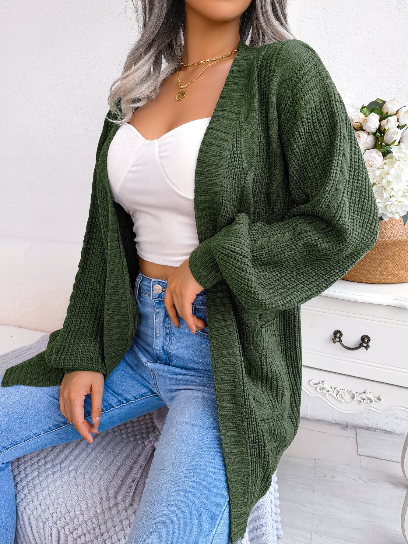 Damen-Strickjacke mit Zopfmuster, Laternenärmeln und Taschen✨