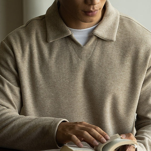 Wollpullover im Stil des alten Geldes mit Schulterärmeln und kleinem V-Ausschnitt Poloshirt🌟